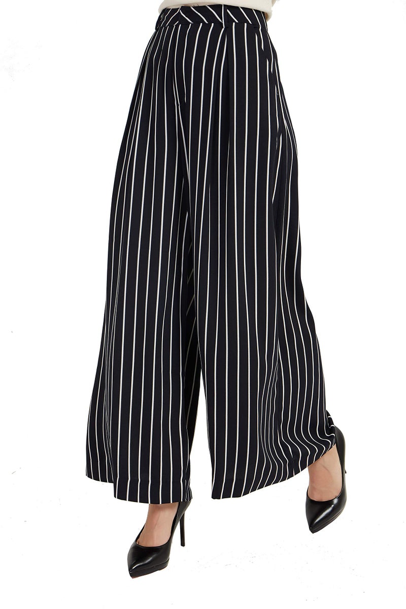Tronjori Women High Waist Casual Wide Leg Long Palazzo Pants Trousers Regular Size(XL,Black White) - Image 1